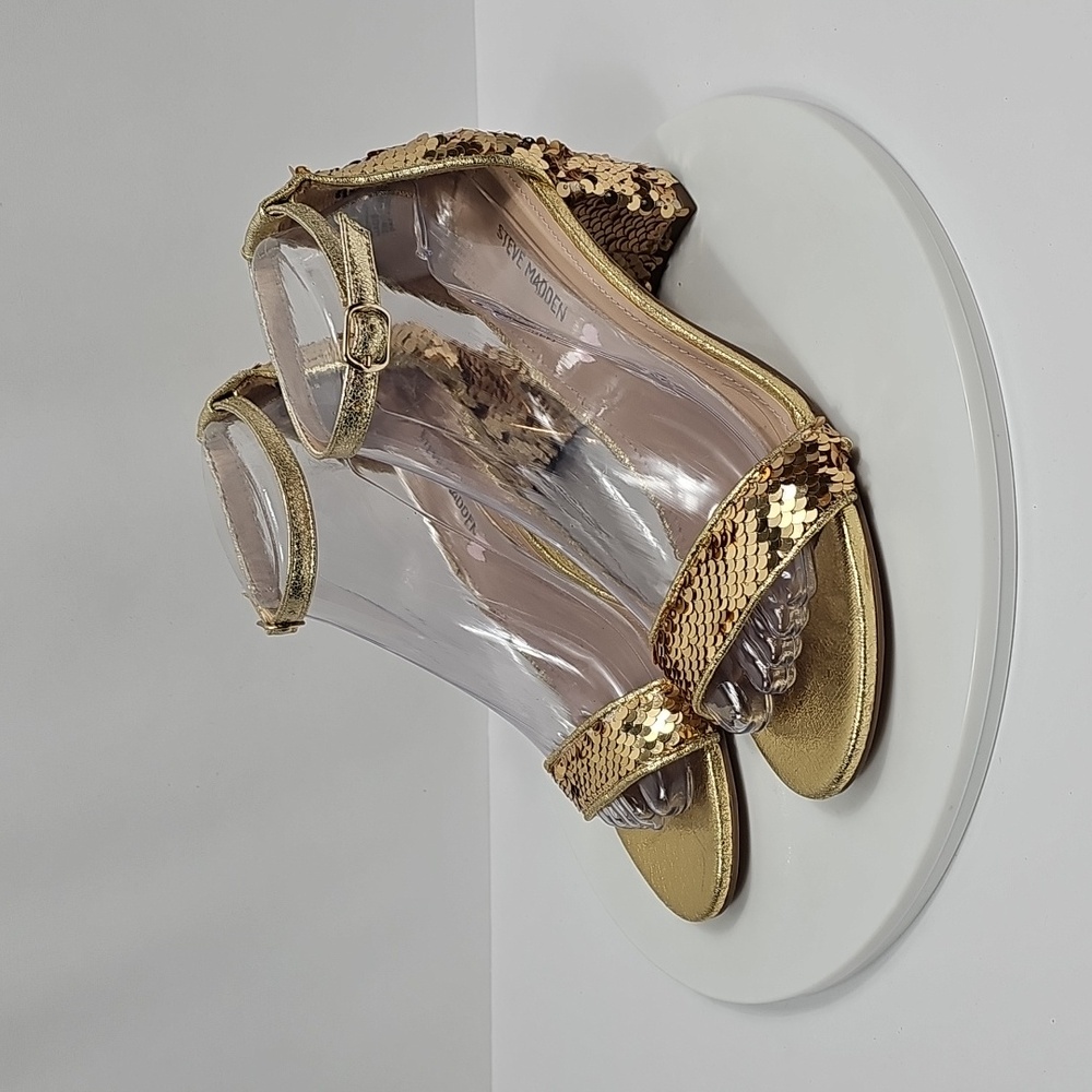 Steve Madden Carrson Sequin Block Heel Sandals 6 Gold Ankle Strap Formal Dress - Picture 10 of 14